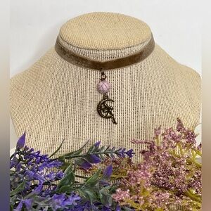 Choker necklace fairy moon pink stone marble necklace velvet tan copper cute